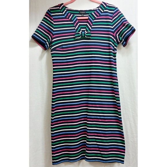 Talbots Striped Bow Shift Dress 100% Cotton S/S Navy Blue Pink Yellow Medium EUC - Picture 1 of 6
